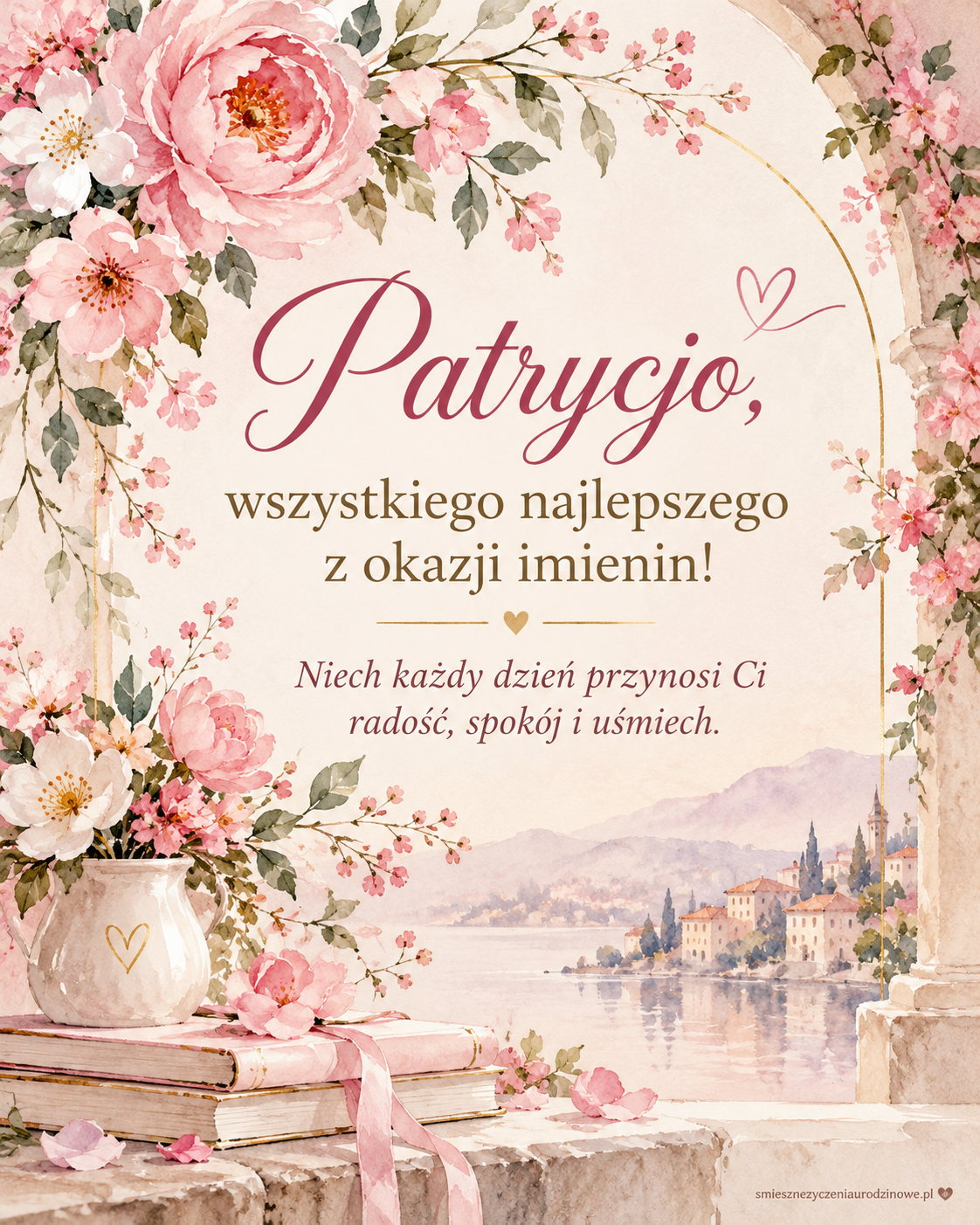 Kartka imieninowa dla Patrycji - akwarelowy ogród nad jeziorem. Pastelowe róże, jezioro i subtelne życzenia.