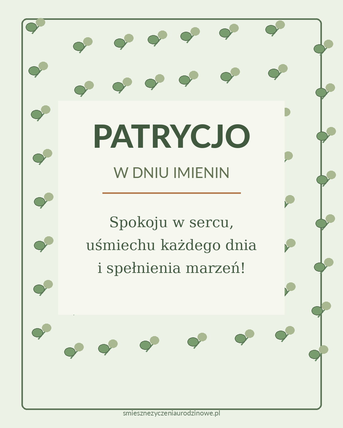 Kartka imieninowa dla Patrycji - botaniczny minimalizm. Szałwiowa zieleń, listki i spokojne życzenia.
