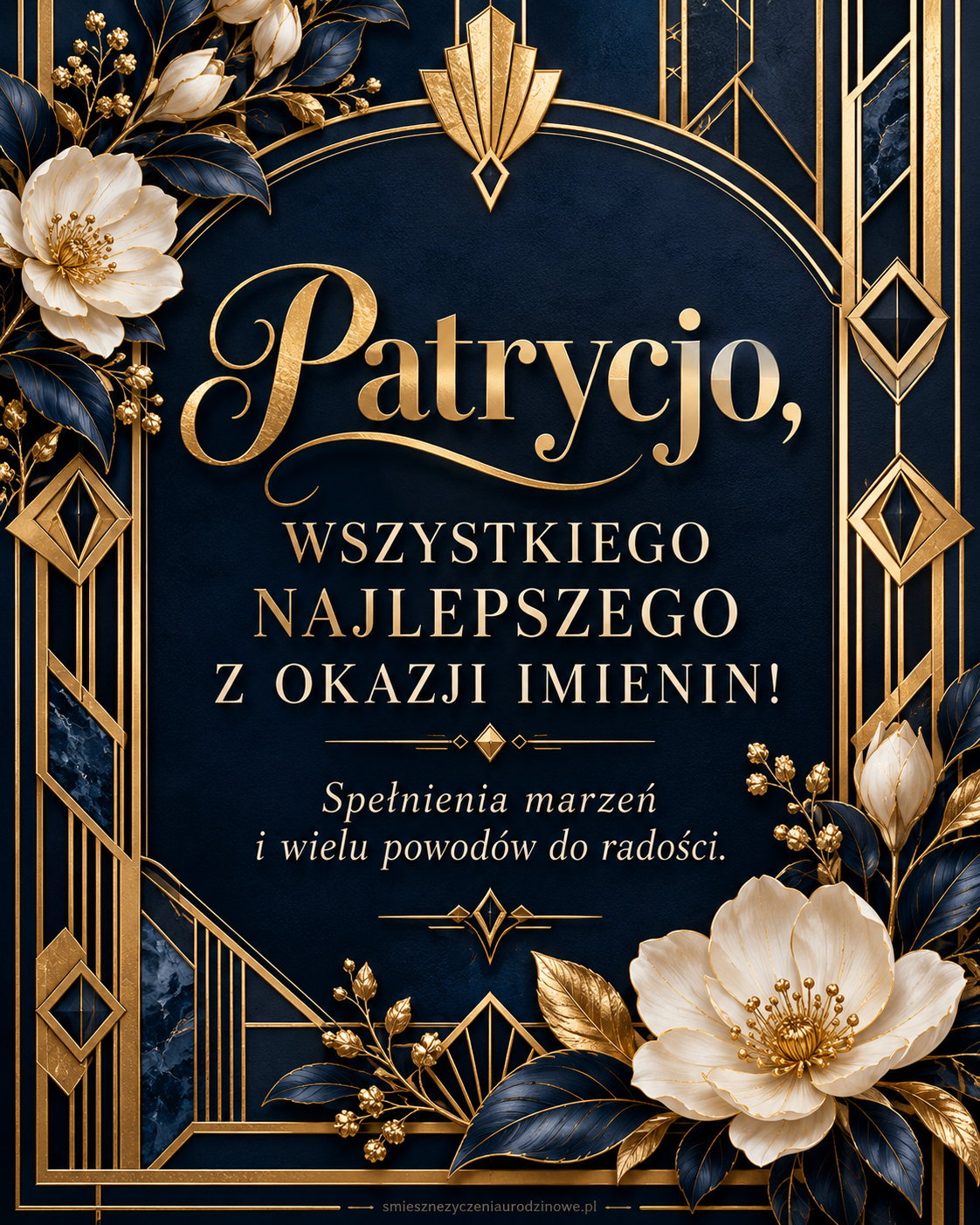 Kartka imieninowa dla Patrycji - granat i złoto. Eleganckie linie, złoto i białe kwiaty.