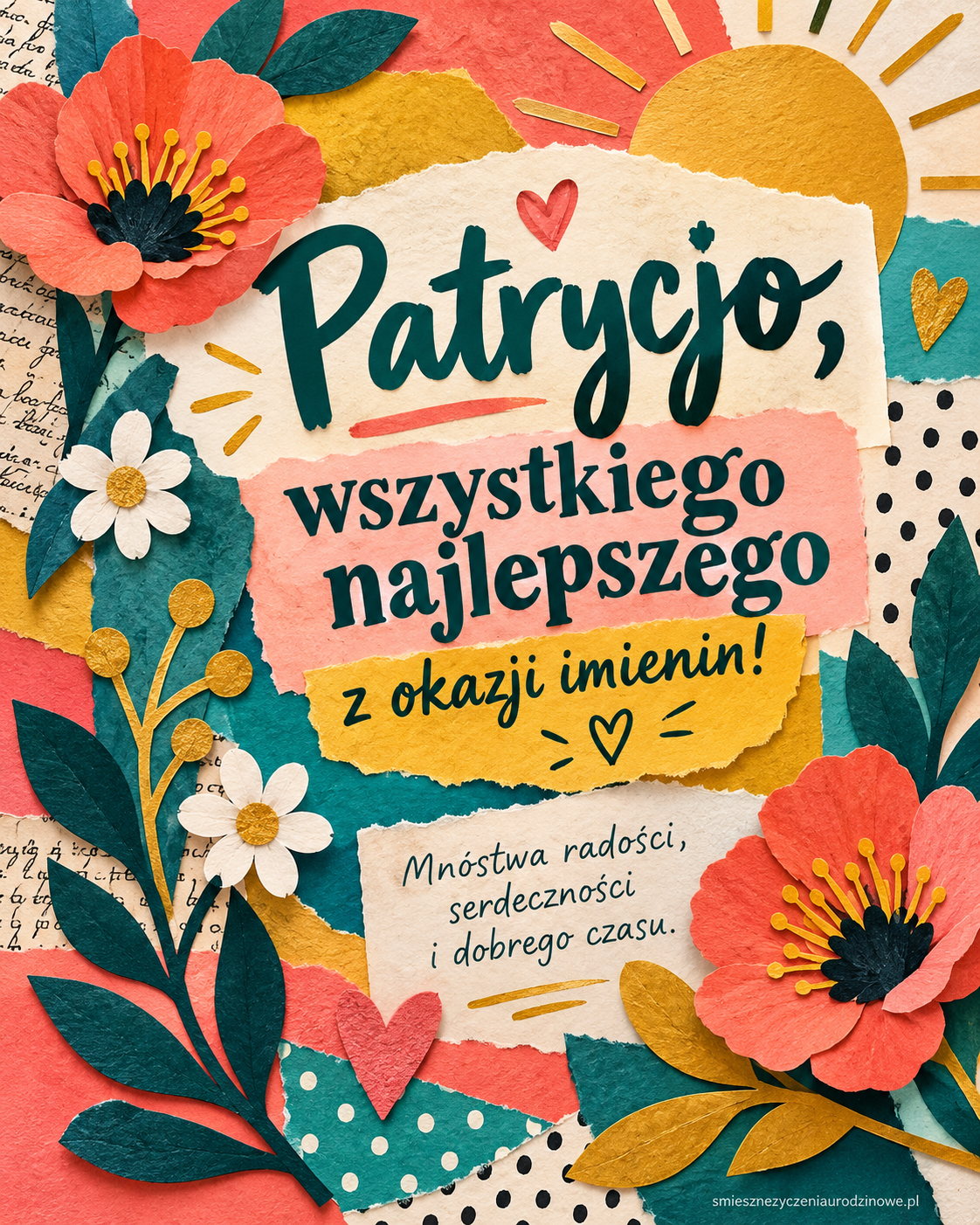 Kartka imieninowa dla Patrycji - papierowe kwiaty i słońce. Wycinanka w turkusie, koralu i złocie.