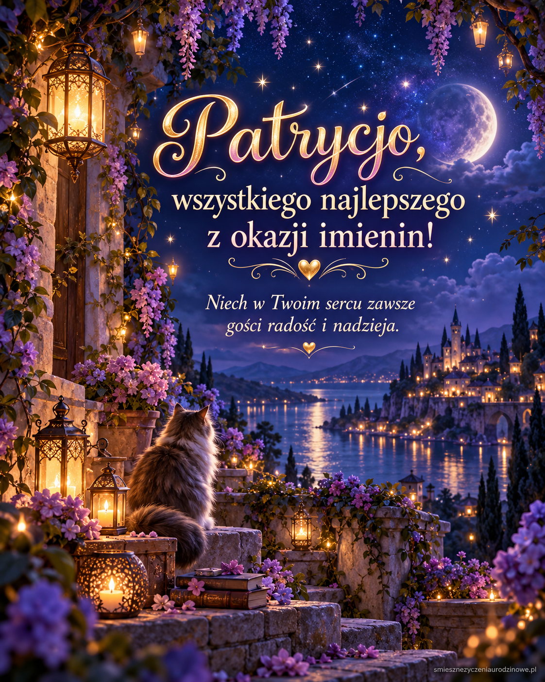 Kartka imieninowa dla Patrycji - księżycowy ogród. Fiolet, granat, latarnie i kot pod gwiazdami.