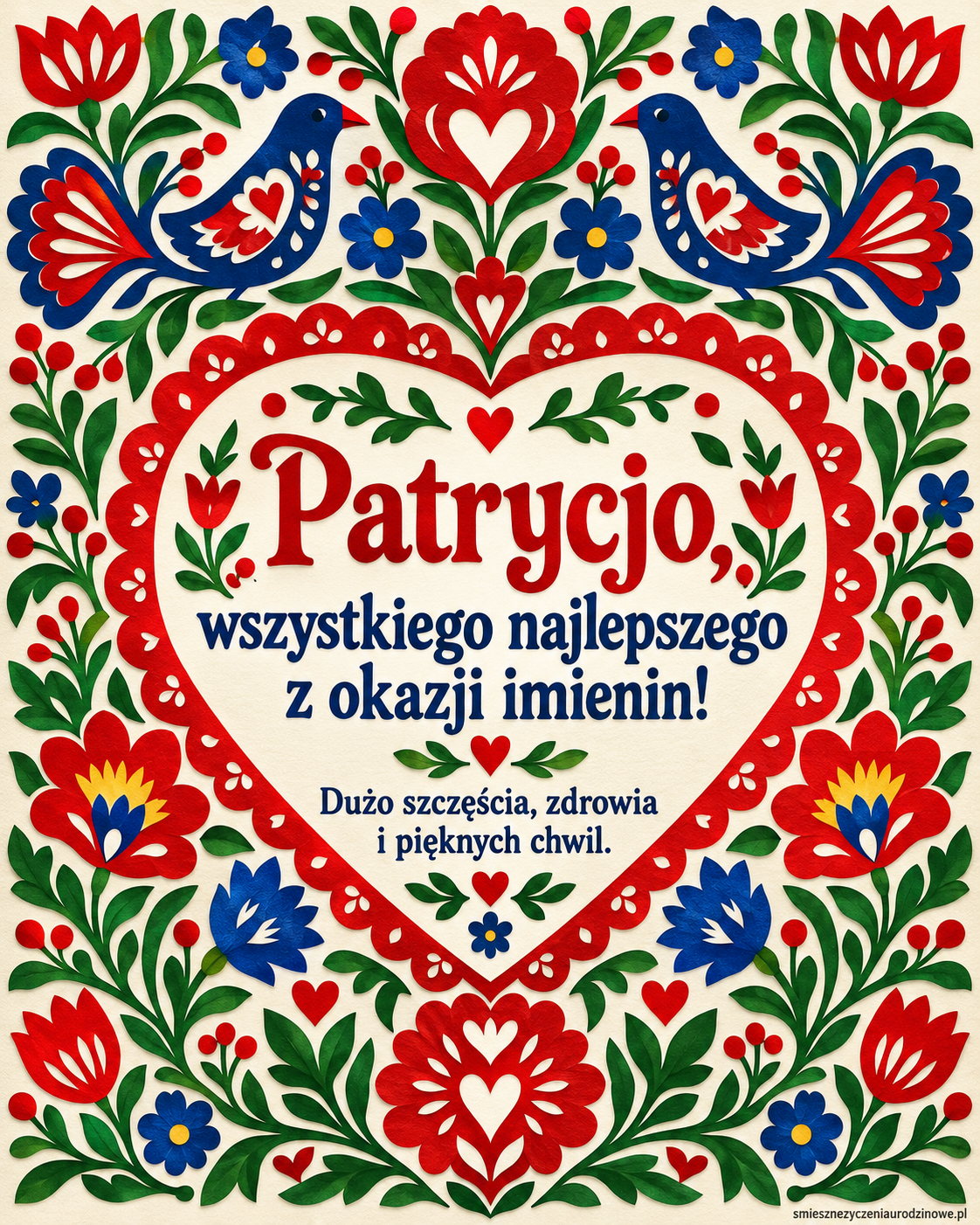 Kartka imieninowa dla Patrycji - ludowe ptaki i kwiaty. Czerwień, granat i wzór ludowy.