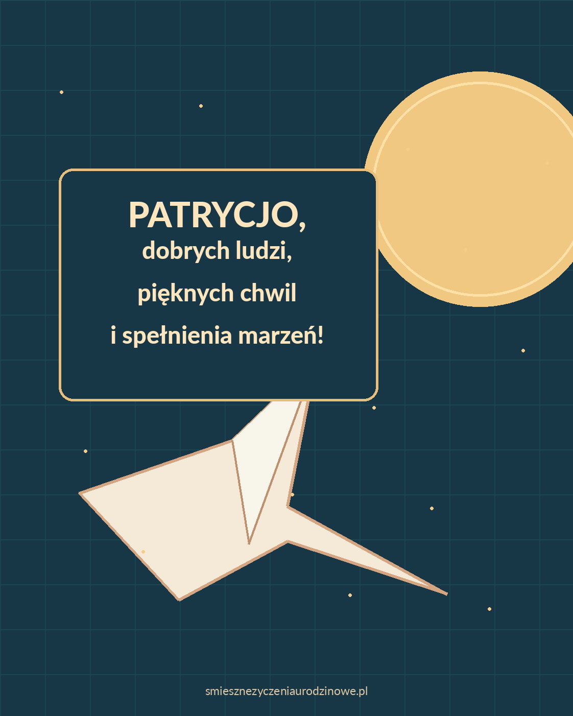 Kartka imieninowa dla Patrycji - origami o zmierzchu. Granat, złoty księżyc i papierowy ptak.