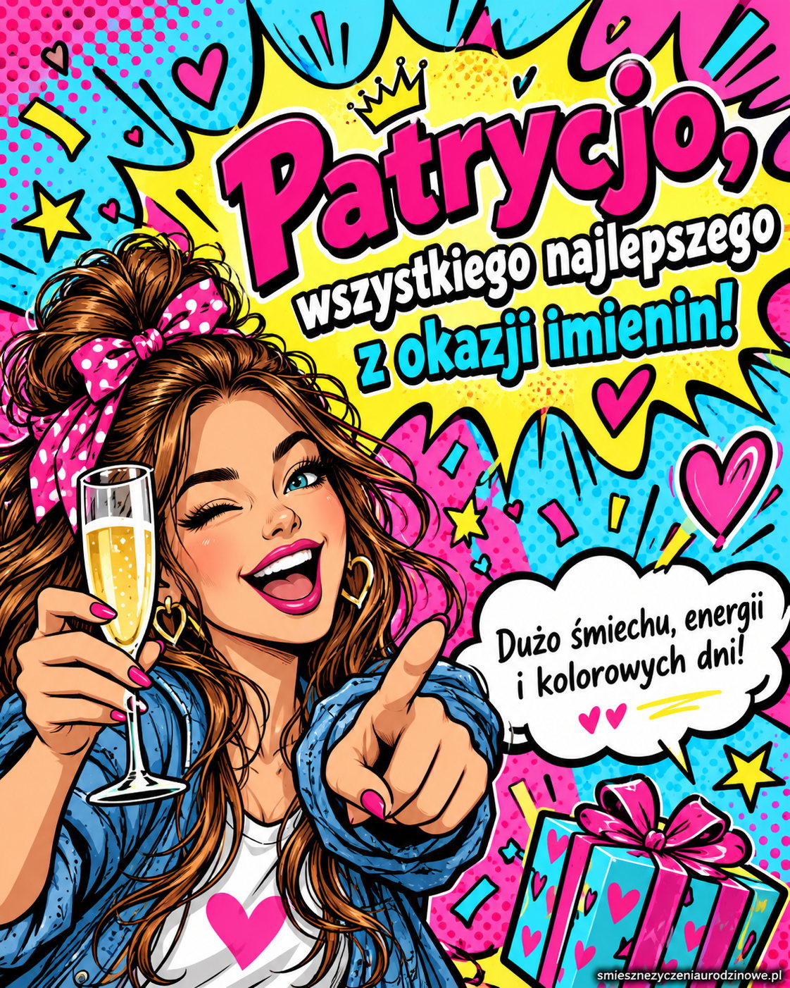 Kartka imieninowa dla Patrycji - komiksowa patrycja. Radosna dziewczyna, kolorowe hasła i kieliszek.
