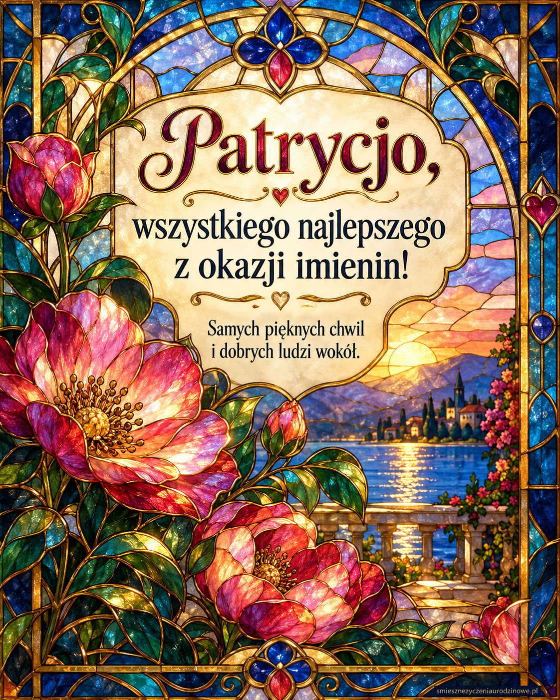 Kartka imieninowa dla Patrycji - witraż z kwiatami. Szkło, kwiaty i nasycone barwy.