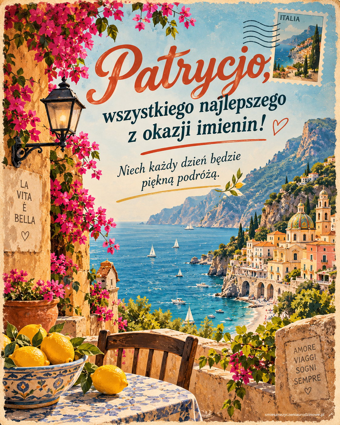 Kartka imieninowa dla Patrycji - włoskie wakacje. Nadmorski krajobraz i śródziemnomorskie światło.