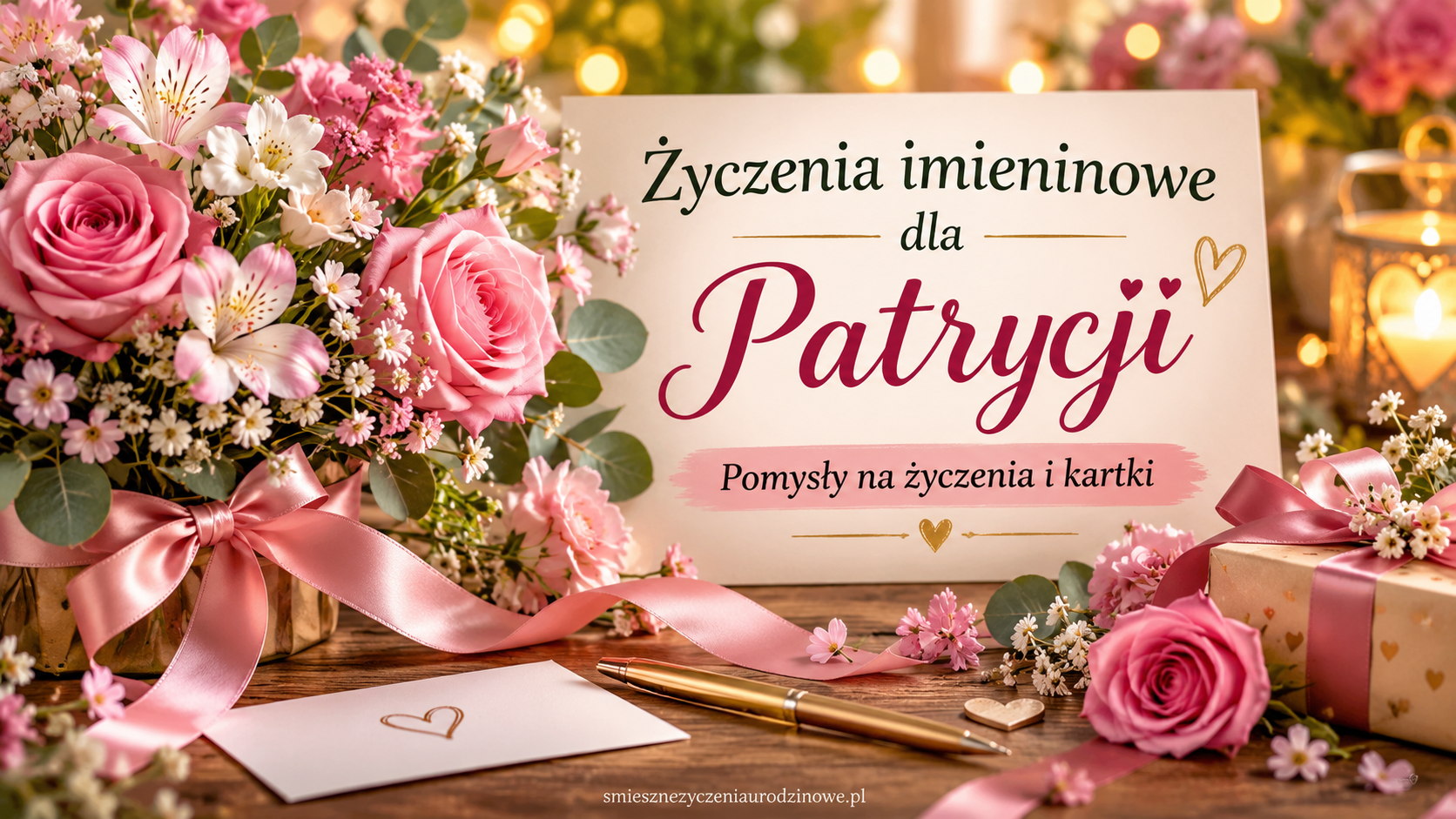 Życzenia imieninowe dla Patrycji na eleganckiej grafice z różowymi kwiatami, prezentem i kartką