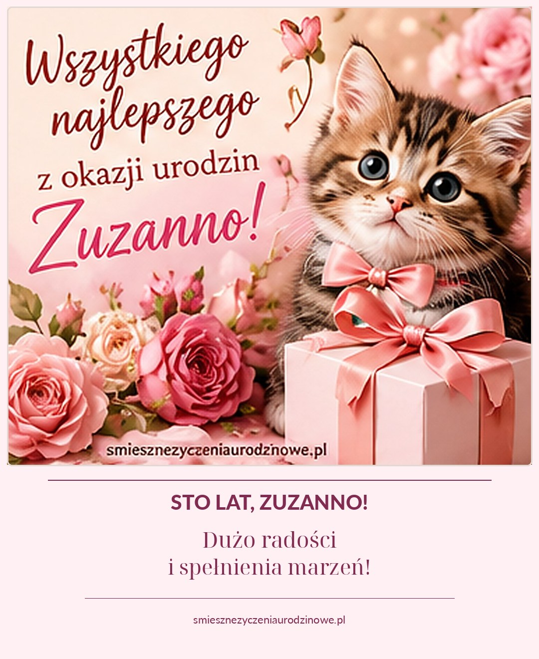 Kartka urodzinowa dla Zuzanny: fotograficzna kartka z kotkiem, różami i pastelowym prezentem, z życzeniami i dyskretnym podpisem strony