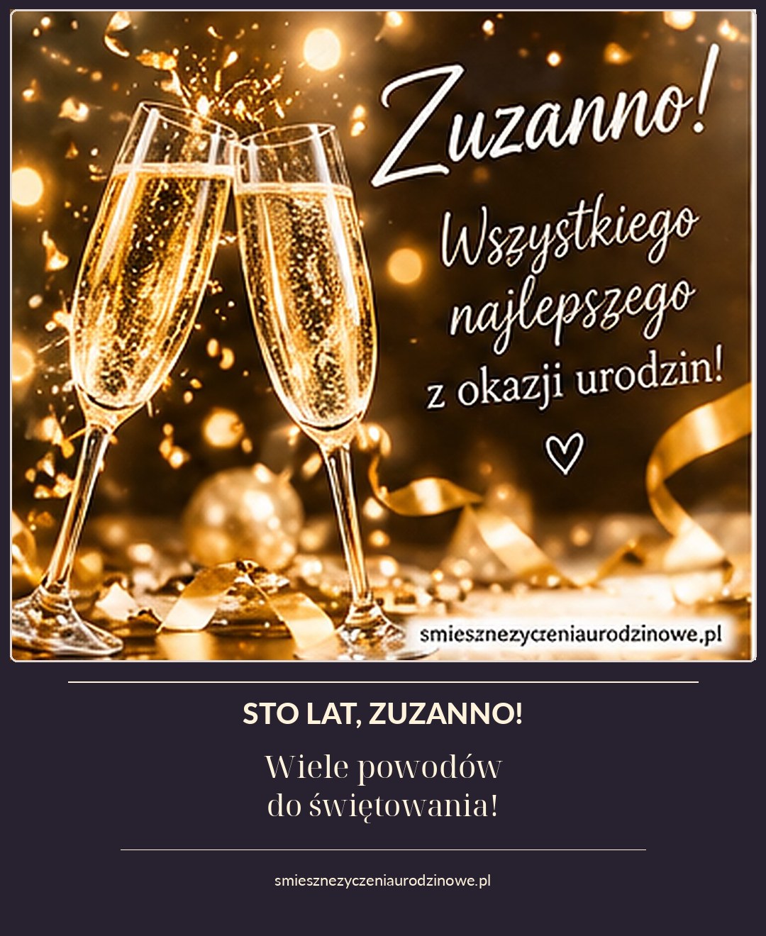 Kartka urodzinowa dla Zuzanny: toast kieliszkami na złotym błyszczącym tle, z życzeniami i dyskretnym podpisem strony