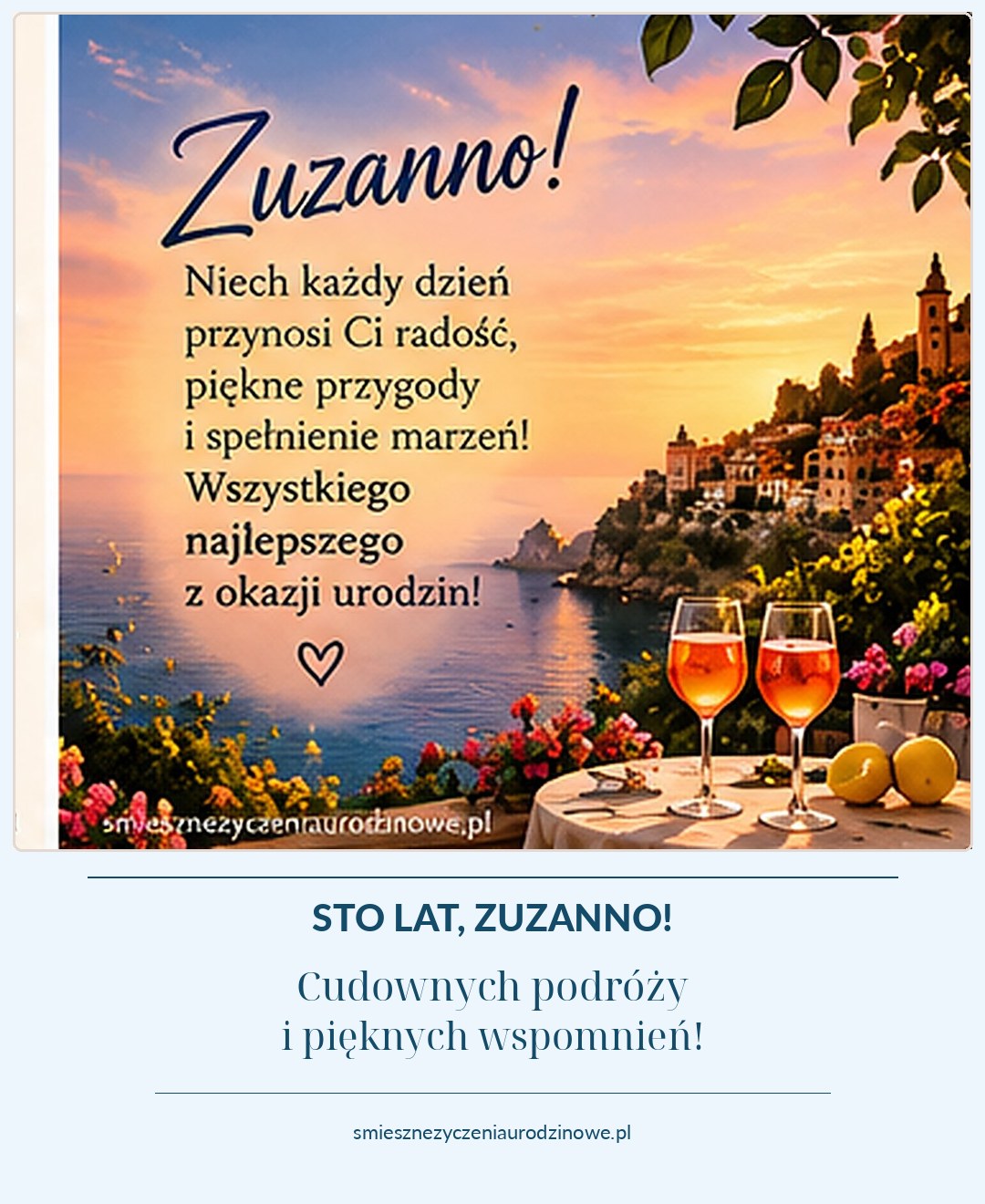 Kartka urodzinowa dla Zuzanny: pocztówka znad śródziemnomorskiego wybrzeża o zachodzie słońca, z życzeniami i dyskretnym podpisem strony