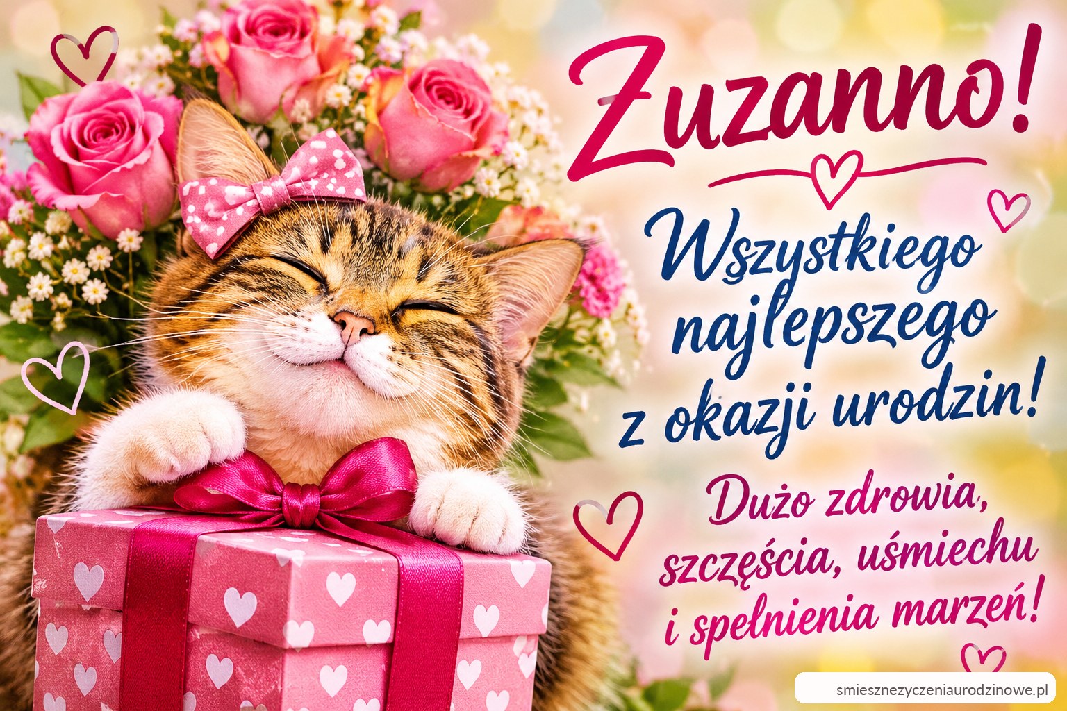 Zdjęcie wyróżniające życzenia urodzinowe dla Zuzanny - kot z różową kokardą, bukiet róż i urodzinowe życzenia