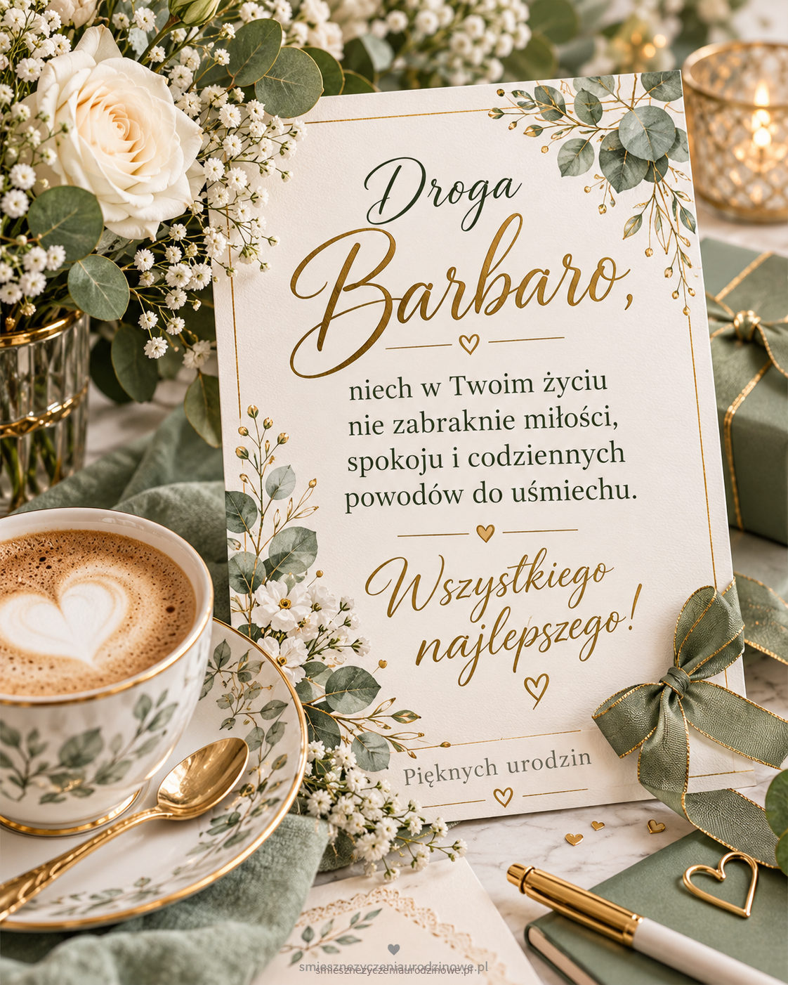 Botaniczna kartka urodzinowa dla Barbary z filiżanką kawy i eukaliptusem