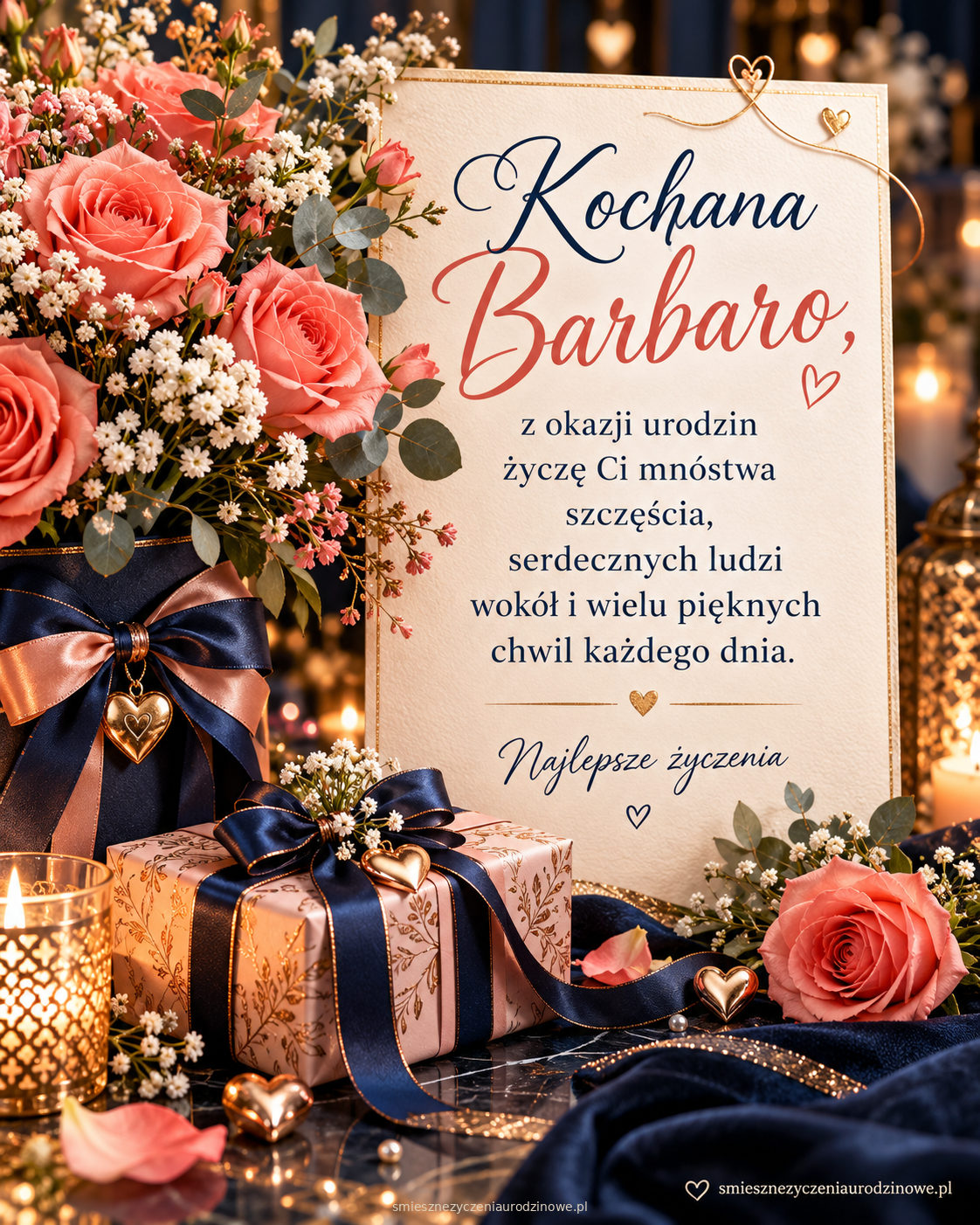Elegancka kartka urodzinowa dla Barbary w granatowo-koralowej kolorystyce
