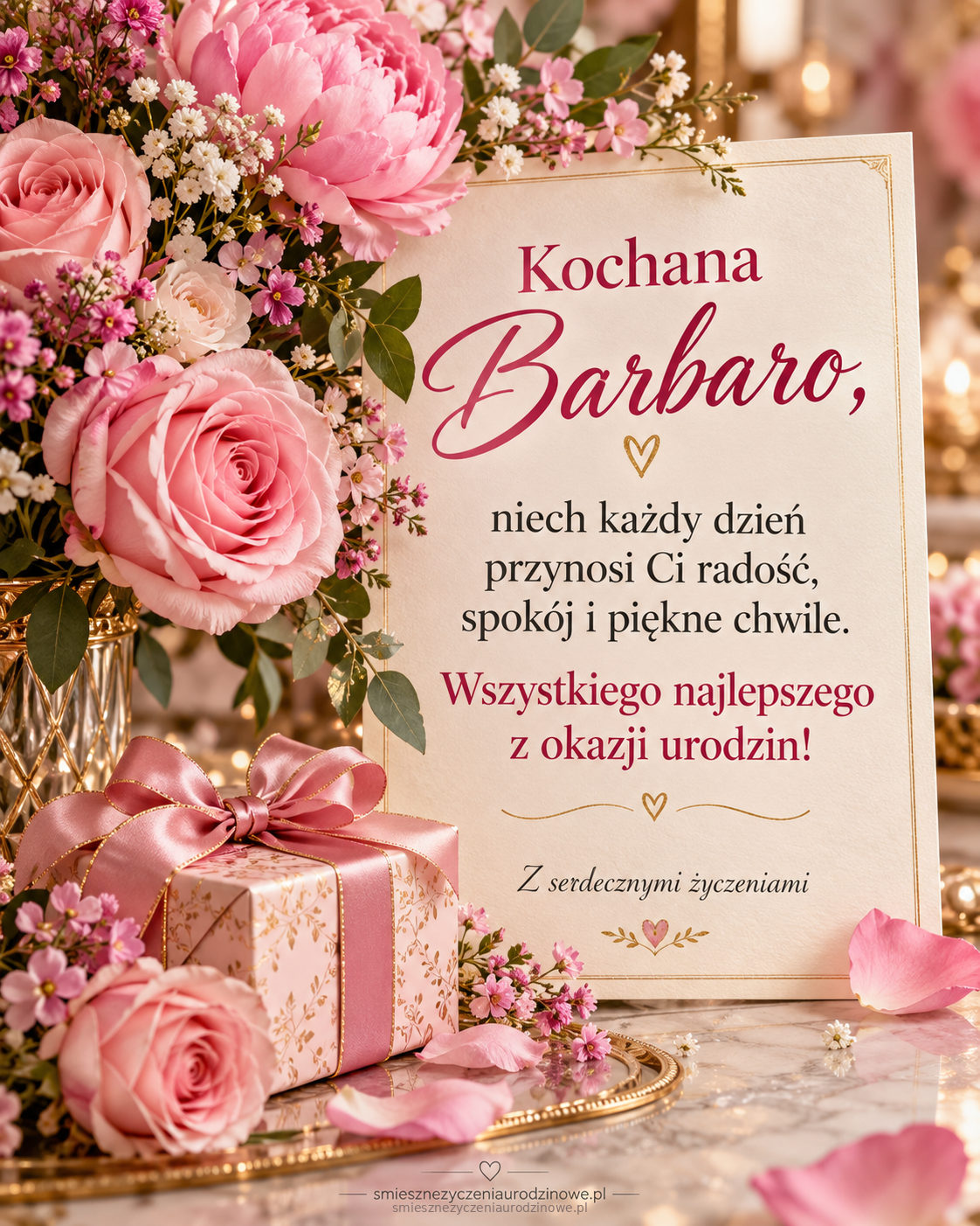 Kwiatowa kartka urodzinowa dla Barbary z różami, piwoniami i serdecznymi życzeniami