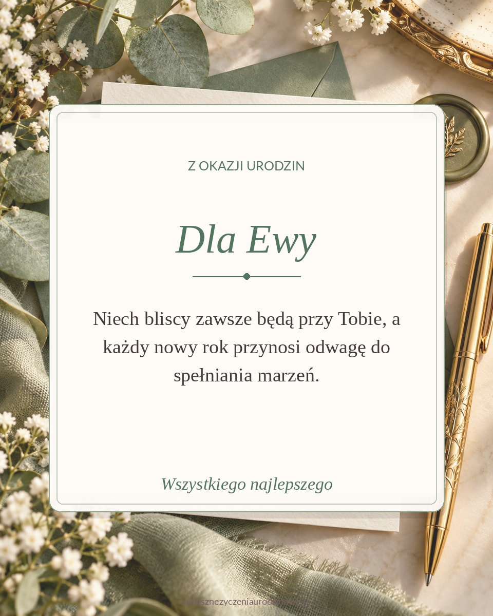 Botaniczna kartka urodzinowa dla Ewy z eukaliptusem w szałwiowej zieleni