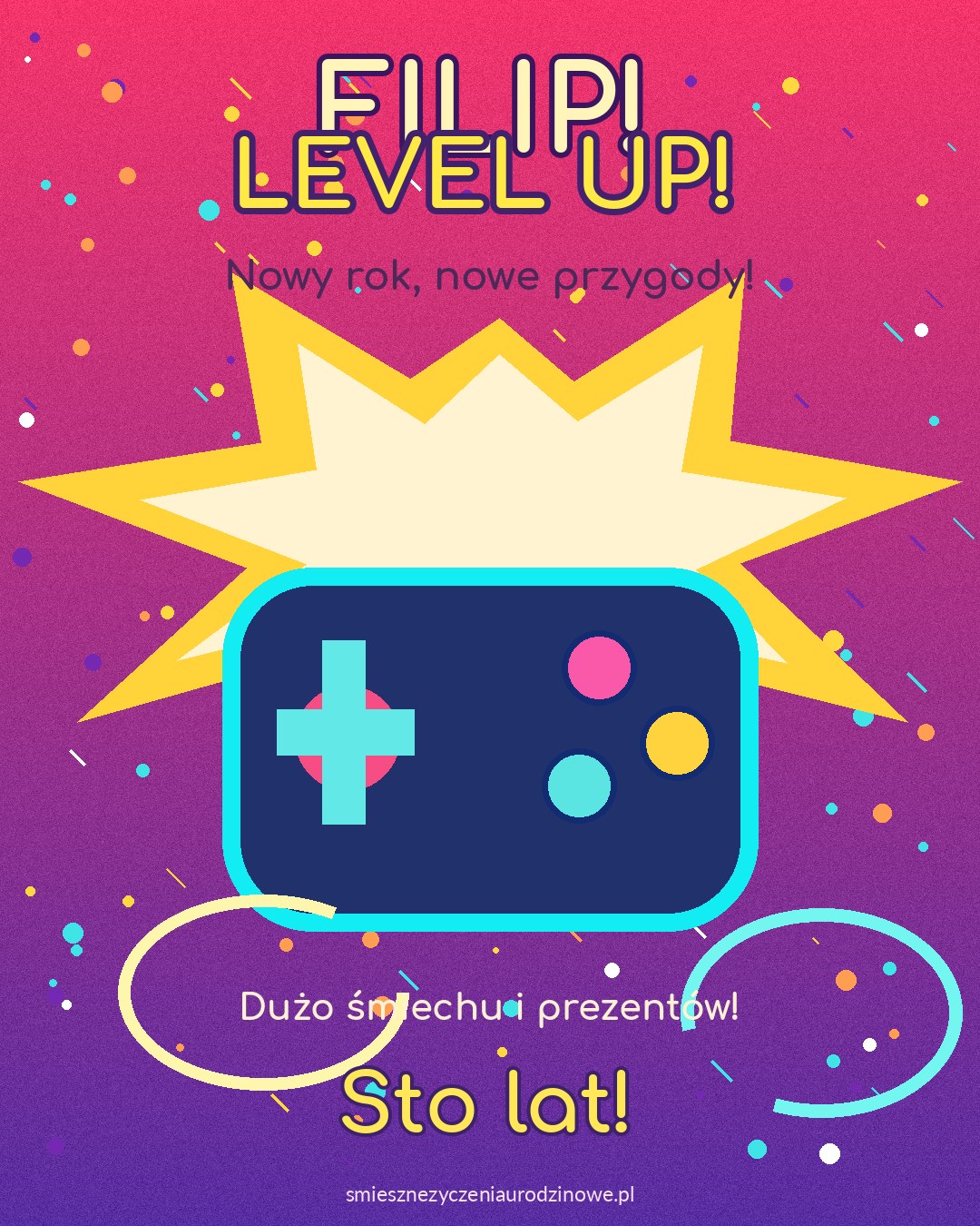 Kartka urodzinowa dla Filipa - Arcade - level up! Kolorowa kartka urodzinowa dla Filipa z kontrolerem gier, napisem Level Up i prezentami