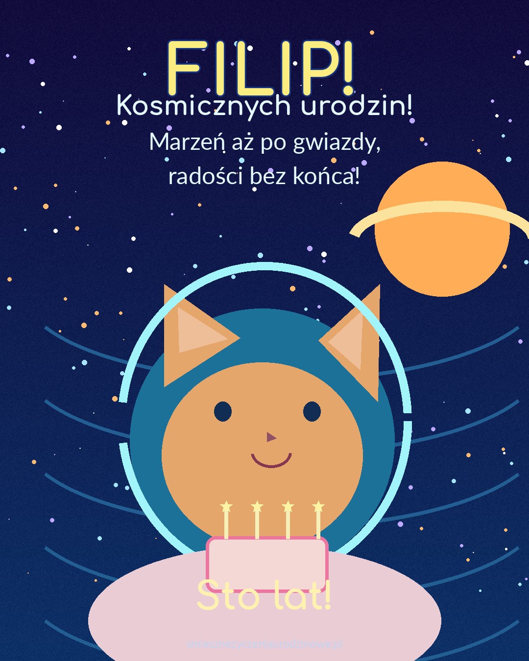 Kartka urodzinowa dla Filipa - Kot astronauta Kosmiczna kartka dla Filipa z kotem astronautą, planetami i tortem urodzinowym
