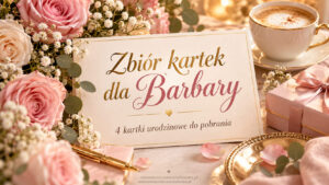Zbiór czterech kartek urodzinowych dla Barbary z różami, kawą i prezentem