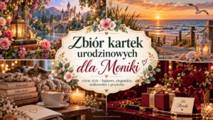 Monika - Zbiór 20 kartek urodzinowych dla Moniki, ozdobna grafika urodzinowa JPG