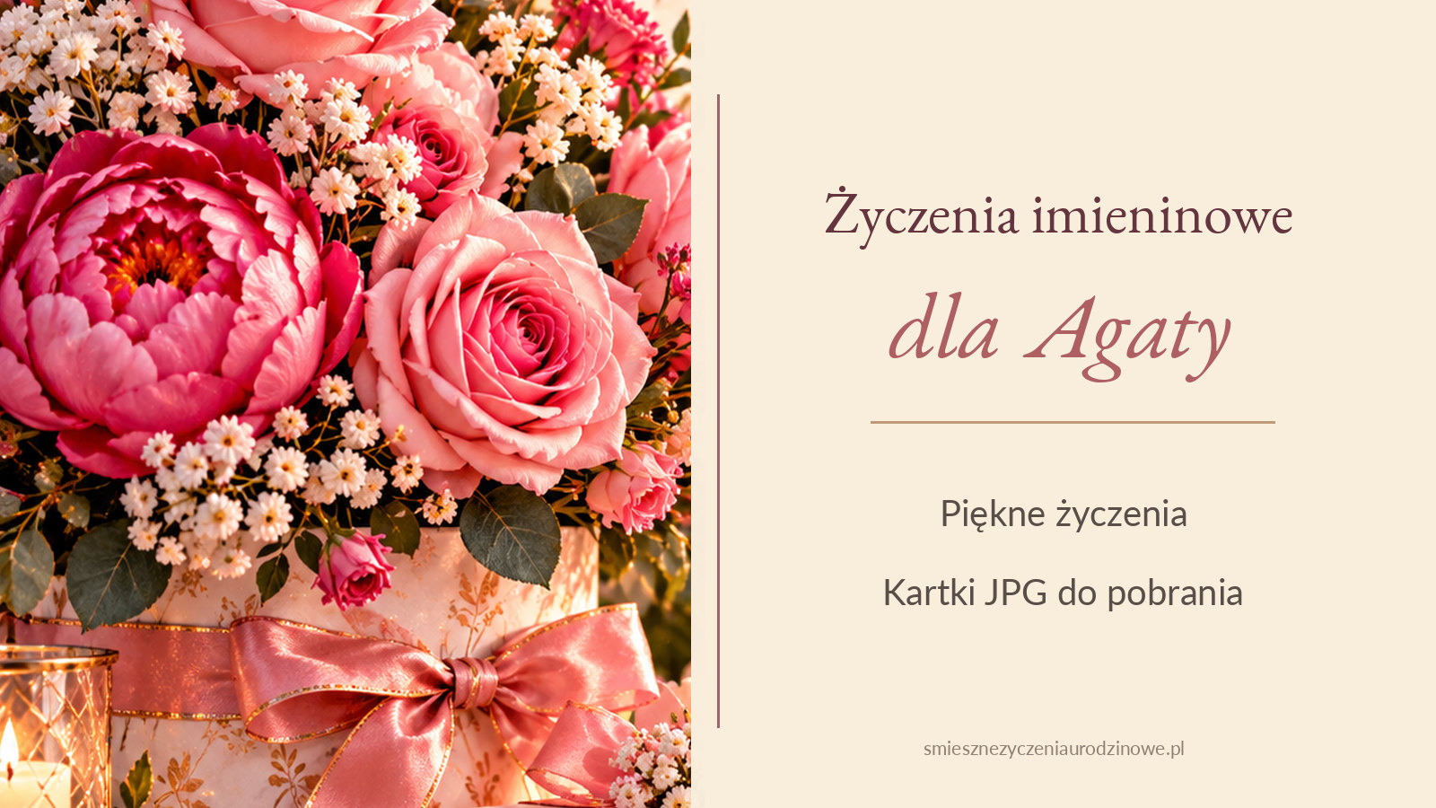 Pozioma grafika życzeń imieninowych dla Agaty z bukietem różowych kwiatów