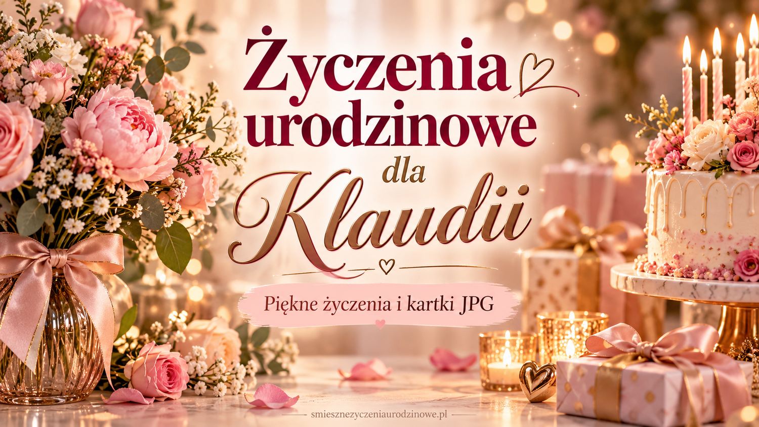 Życzenia urodzinowe dla Klaudii - tort ze świeczkami, różowe kwiaty i prezent na eleganckim tle